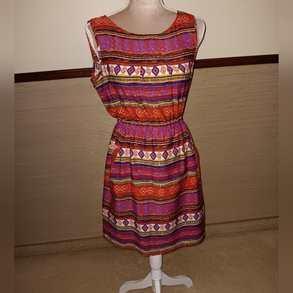 Speed Control~Colorful Orange Purple Aztec Geometric Sleeveless Midi Dress - Picture 14 of 16